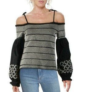 Blouse Black  Smocked Embroider Cold Shoulder
